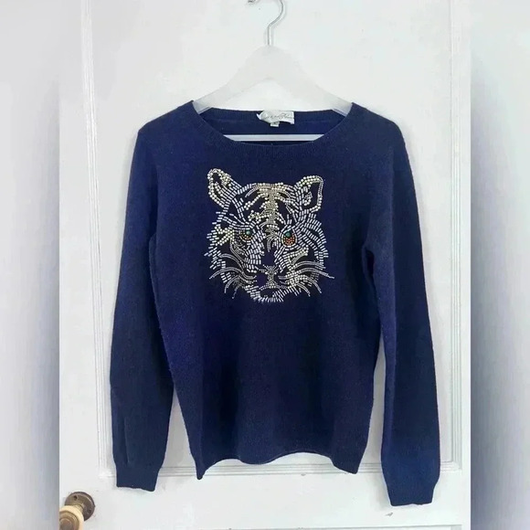 NEVER A WALLFLOWER Navy El Tigre Jewel Neck Cashmere Sweater Size M - Picture 1 of 5